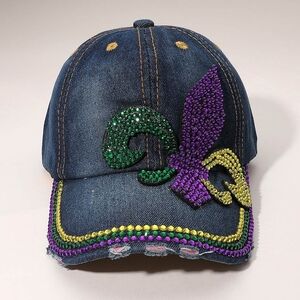 Embellished Denim Cap with Green, Purple, and Yellow Accents